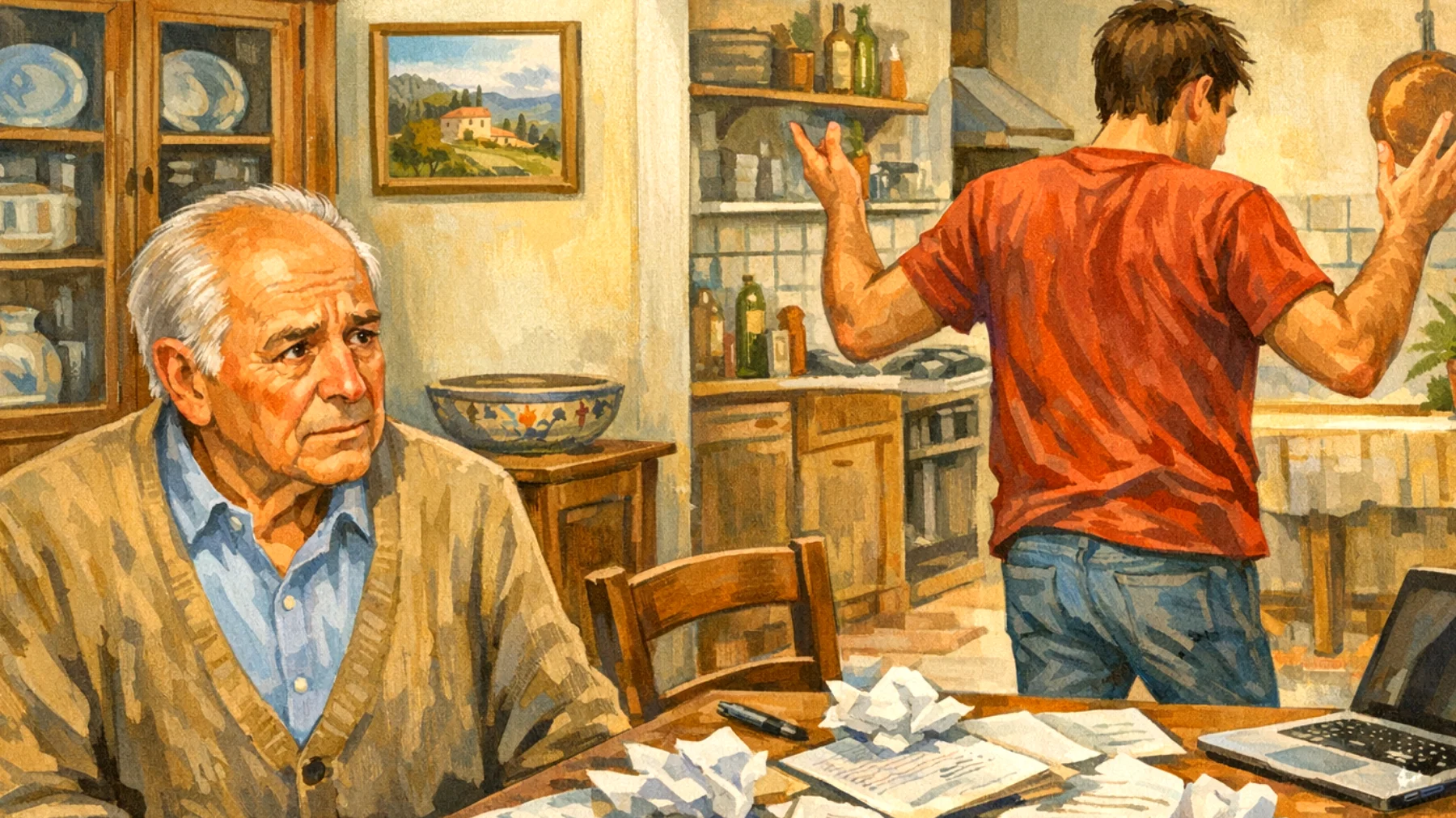 Nonno che osserva il nipote giovane adulto reagire con eccessiva impulsività e abbandono di fronte alle difficoltà lavorative o relazionali, senza riuscire a tollerare gli ostacoli o i fallimenti temporanei"