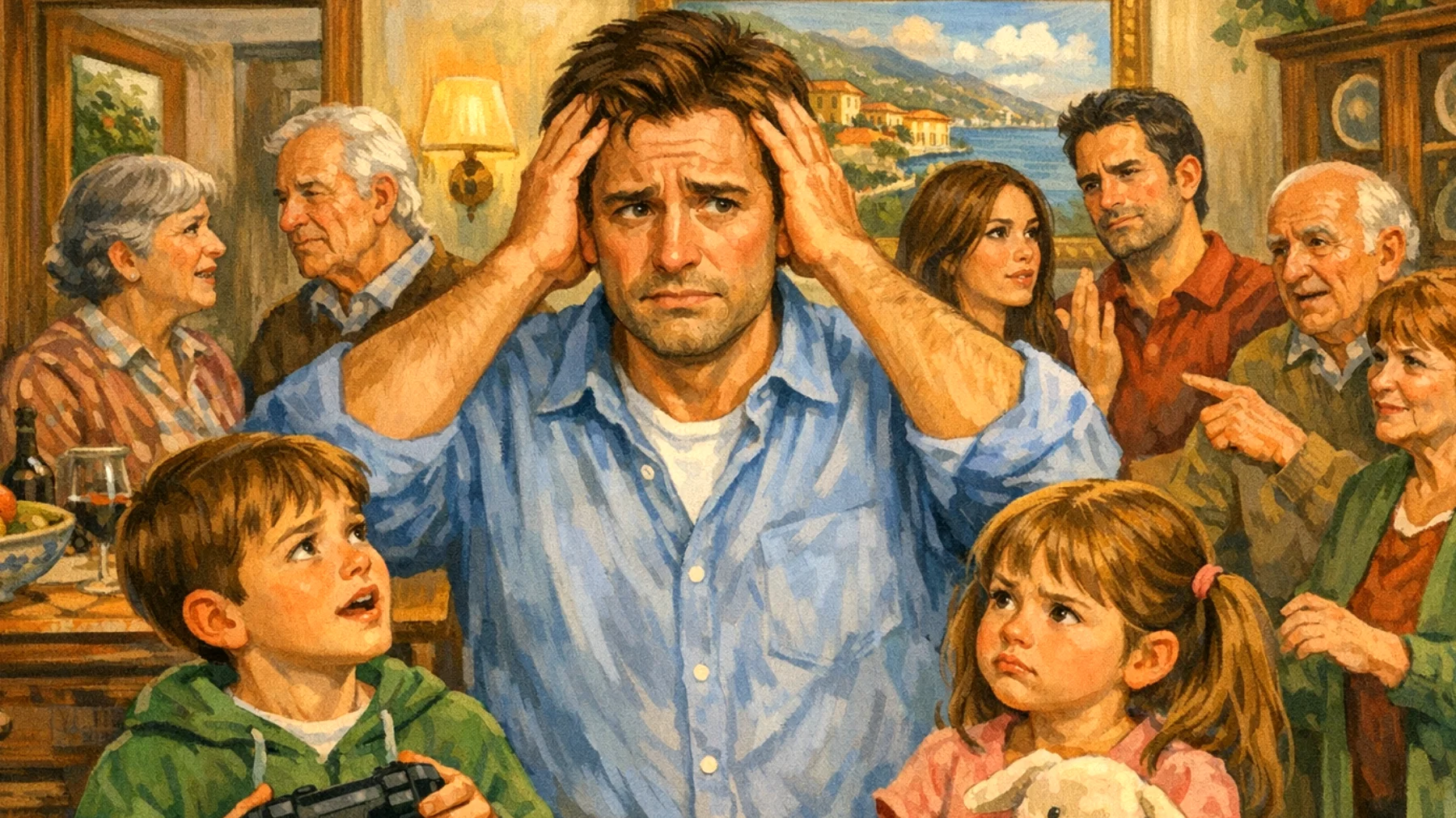 Un papà si trova in difficoltà nel gestire le tensioni con la famiglia allargata (suoceri, cognati o ex partner) riguardo l'educazione e le scelte per i propri bambini, creando confusione nei piccoli e minando la sua autorità genitoriale"